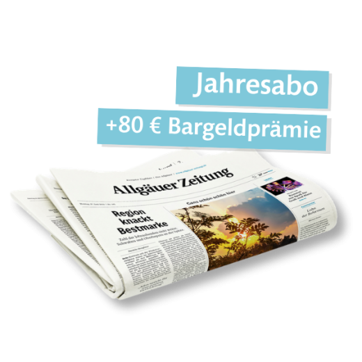 Allgäuer Zeitung Jahresabo mit +80 € Bargeldprämie auf gefalteter Zeitungsseite.