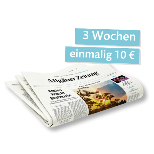 Allgäuer Zeitung: Zeitung gefaltet mit Angebot für 3 Wochen zum Preis von einmalig 10 €.